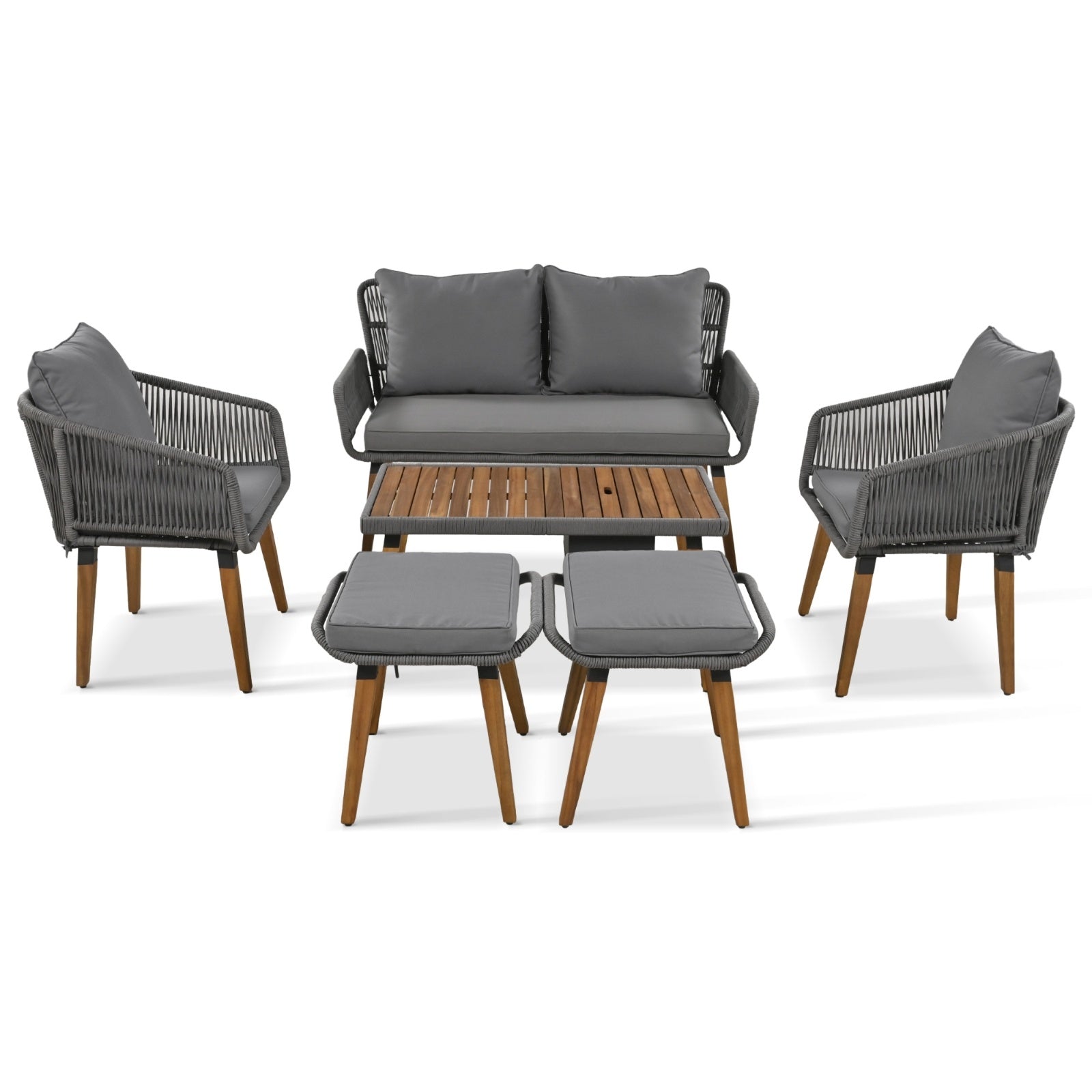 K&K 6-Piece Rope Patio Furniture Set, Outdoor Furniture With Acacia Wood Cool Bar Table With Ice Buc