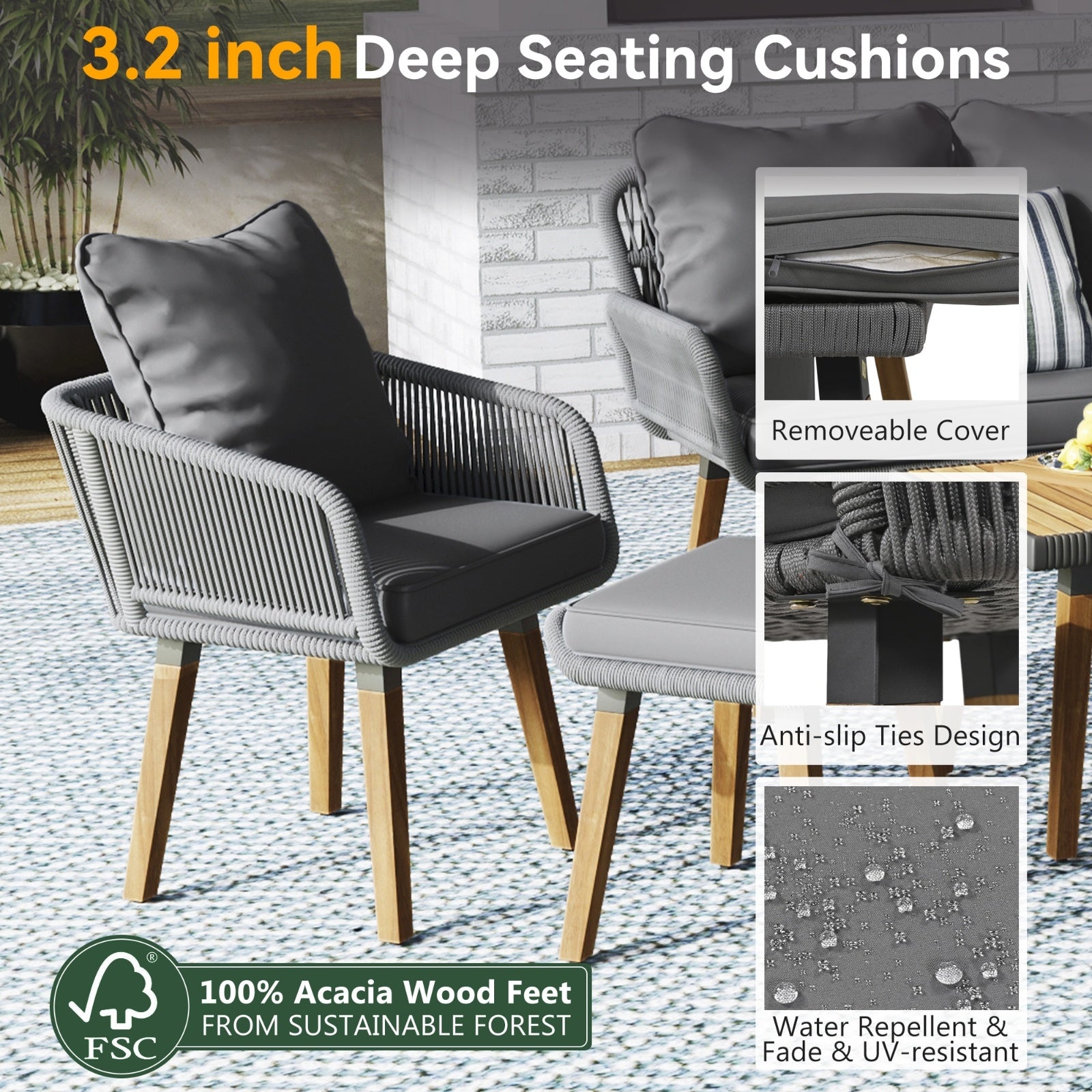 K&K 6-Piece Rope Patio Furniture Set, Outdoor Furniture With Acacia Wood Cool Bar Table With Ice Buc