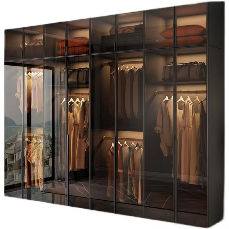 Cloakroom Furniture Clothes Storage Walk in Closet Wardrobe Black Wardrobes Cabinet Closet with Glass Door LED Lights