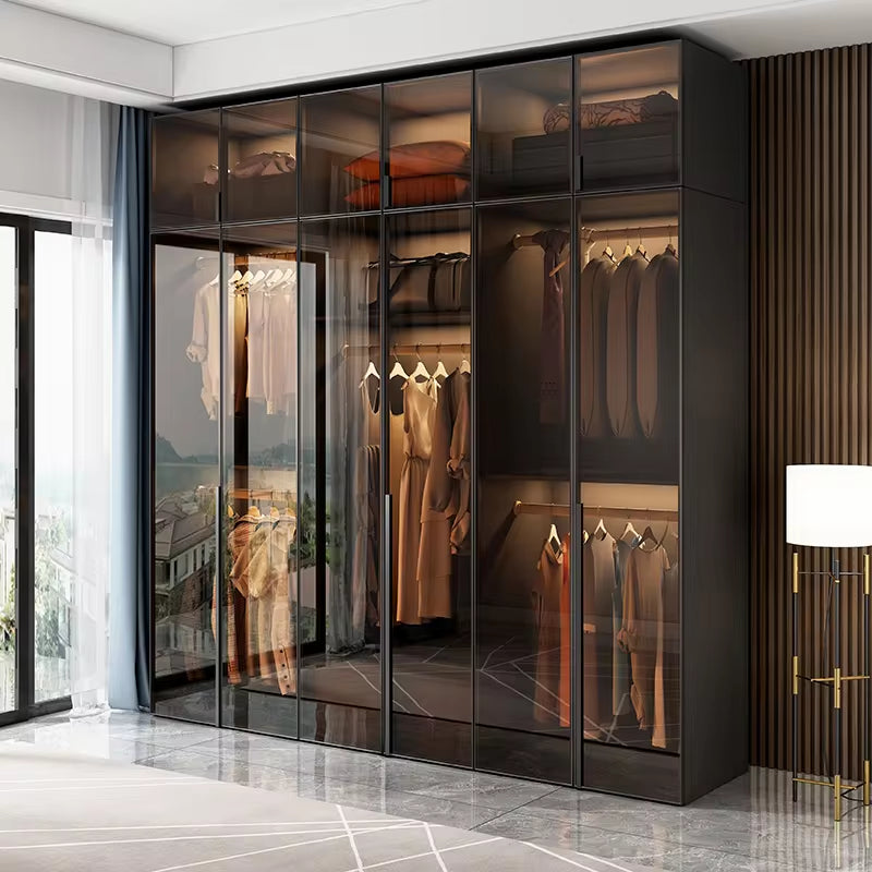 Cloakroom Furniture Clothes Storage Walk in Closet Wardrobe Black Wardrobes Cabinet Closet with Glass Door LED Lights