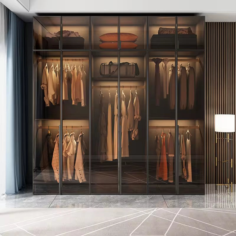 Cloakroom Furniture Clothes Storage Walk in Closet Wardrobe Black Wardrobes Cabinet Closet with Glass Door LED Lights