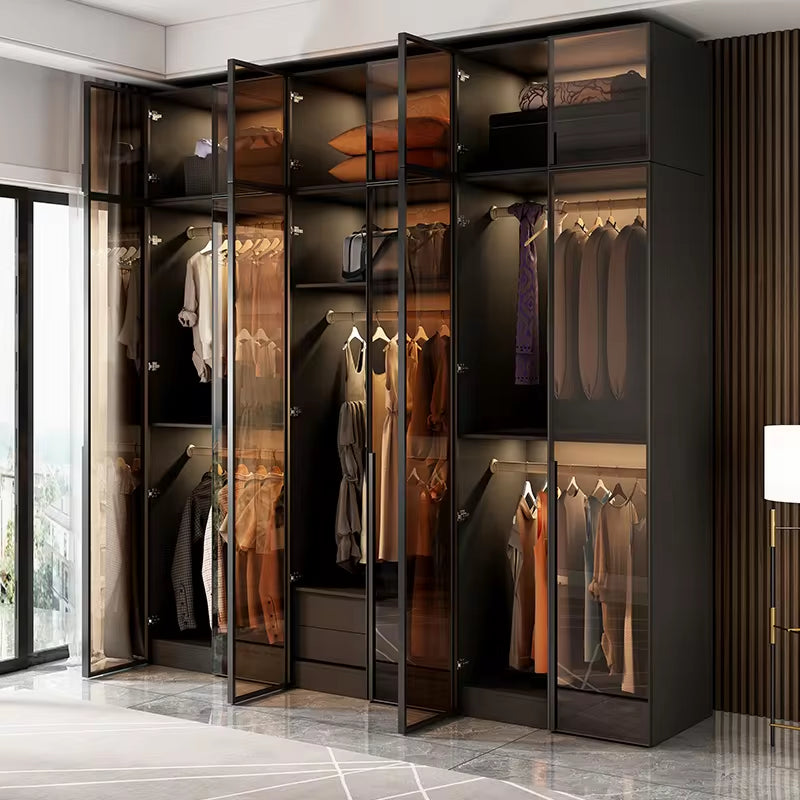 Cloakroom Furniture Clothes Storage Walk in Closet Wardrobe Black Wardrobes Cabinet Closet with Glass Door LED Lights