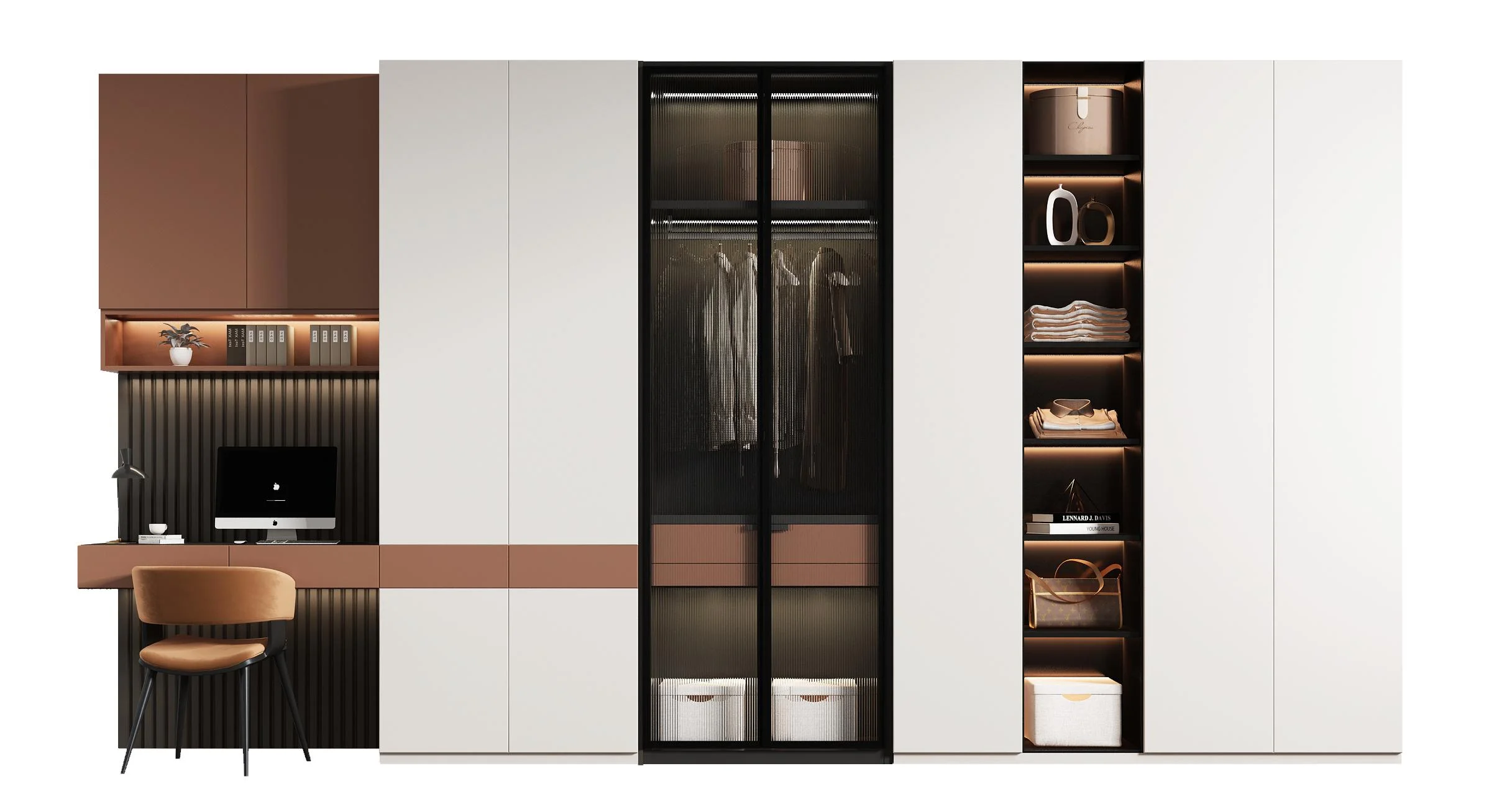 Light Luxury Wardrobe with Dressing Table Cream Style Home Bedroom Overall Glass Door Wardrobe One Door to the Top Customized